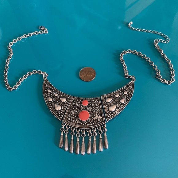 Boho Gypsy Silver Dangles & Orange Enamel Necklace - Tribal Dangle Necklace NWOT - Picture 1 of 5